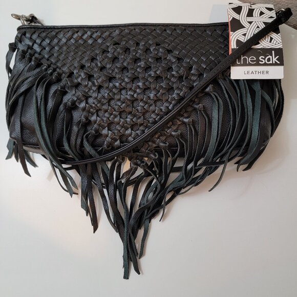 The Sak Handbags - NWT The Sak Black Woven Leather Fringe Crossbody Bag Silver Hardware